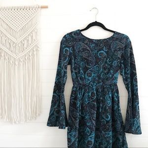 Blue Paisley Bell Sleeved Dress